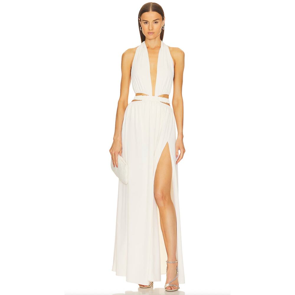 Michael Costello Kenny Maxi Dress Ivory Satin Halter Sleeveless Resort Sz M